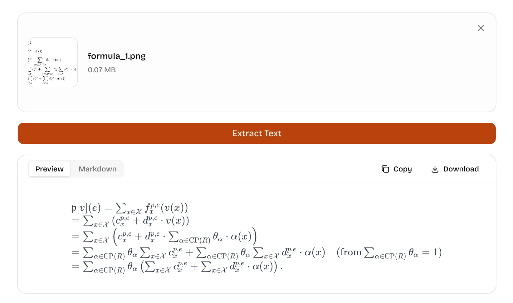 Screenshot showing a math formula image being converted to rendered LaTeX equations